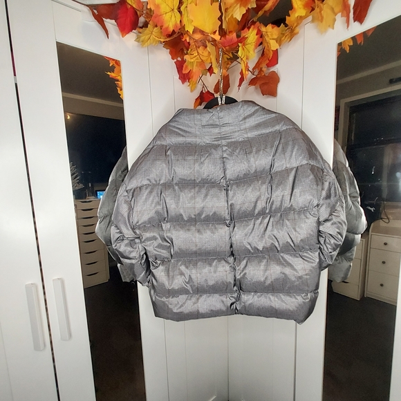 Theory High Neck Puffer Womens Jacket L Large Grey Glen Plaid Down Coat $455 - Picture 8 of 9